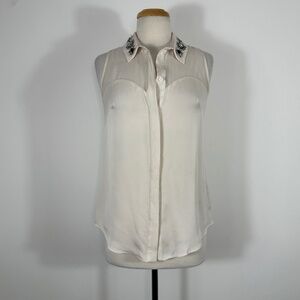 MILLY 100% SILK Beads Ivory Sleeveless Buttons Front Blouse Women's Sz 2